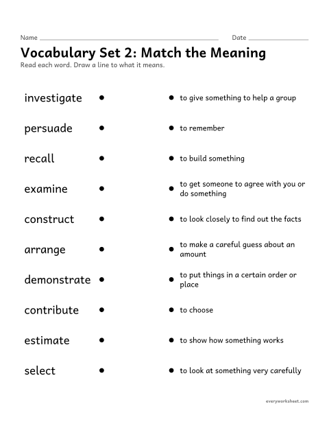 Preview of the printable “3rd grade vocabulary set 2: match the meaning” worksheet: matching set 2 vocabulary words (action words) to their meanings