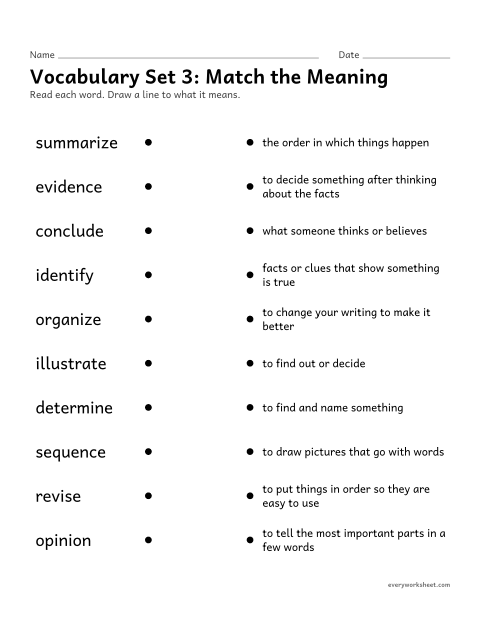 Preview of the printable “3rd grade vocabulary set 3: match the meaning” worksheet: matching set 3 vocabulary words (school words) to their meanings