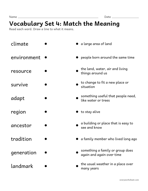 Preview of the printable “3rd grade vocabulary set 4: match the meaning” worksheet: matching set 4 vocabulary words (world words) to their meanings
