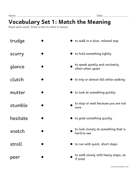 Preview of the printable “4th grade vocabulary set 1: match the meaning” worksheet: matching set 1 vocabulary words (precise action words) to their meanings
