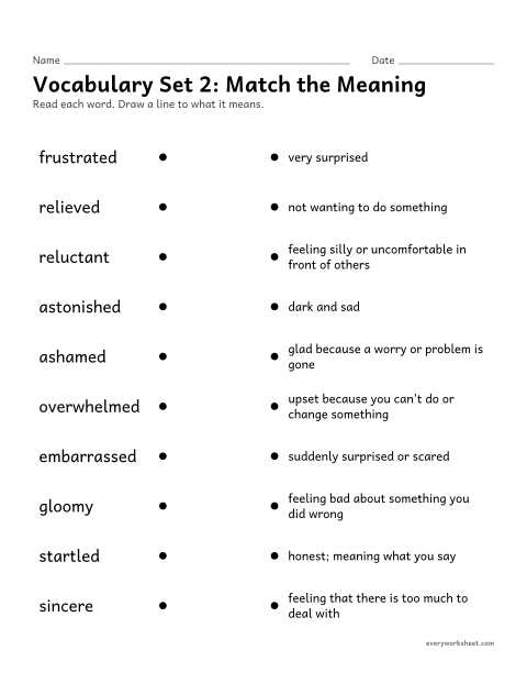 Preview of the printable “4th grade vocabulary set 2: match the meaning” worksheet: matching set 2 vocabulary words (feelings and states of being) to their meanings