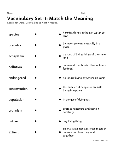 Preview of the printable “4th grade vocabulary set 4: match the meaning” worksheet: matching set 4 vocabulary words (nature and the environment) to their meanings