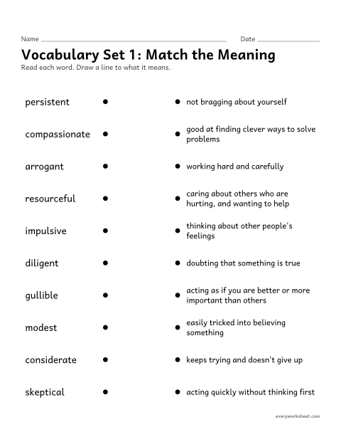Preview of the printable “5th grade vocabulary set 1: match the meaning” worksheet: matching set 1 vocabulary words (character traits) to their meanings