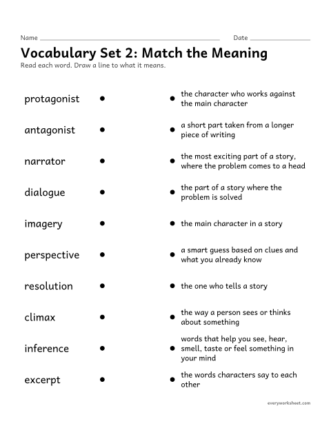 Preview of the printable “5th grade vocabulary set 2: match the meaning” worksheet: matching set 2 vocabulary words (words for talking about stories) to their meanings