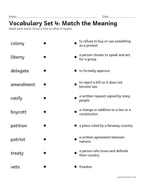Preview of the printable “5th grade vocabulary set 4: match the meaning” worksheet: matching set 4 vocabulary words (history and government words) to their meanings