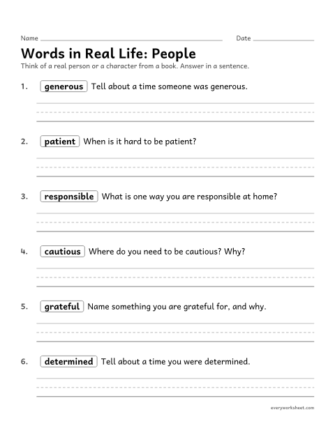 Preview of the printable “Words in real Life: people” worksheet: connecting describing words to real people and characters