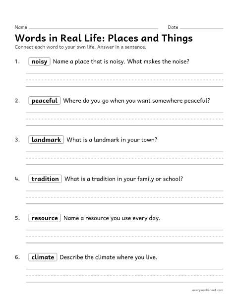 Preview of the printable “Words in real Life: places and things” worksheet: connecting vocabulary words to places and things in your own life