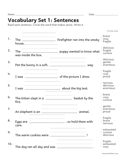 Preview of the printable “2nd grade vocabulary set 1: sentences” worksheet: choosing the set 1 vocabulary word that makes sense in a sentence