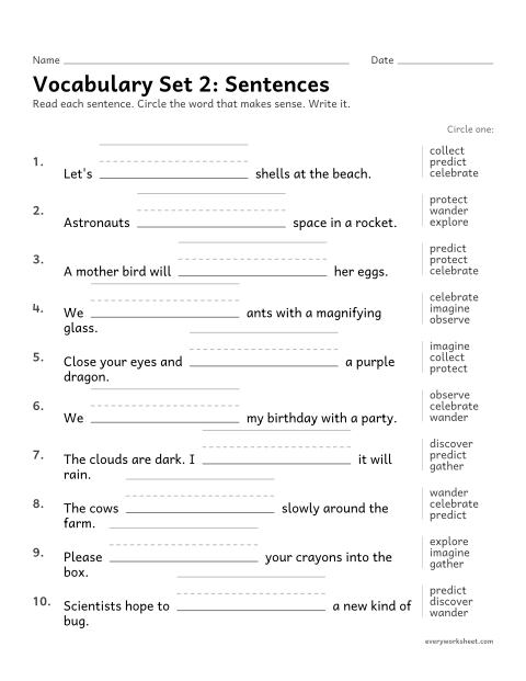 Preview of the printable “2nd grade vocabulary set 2: sentences” worksheet: choosing the set 2 vocabulary word that makes sense in a sentence