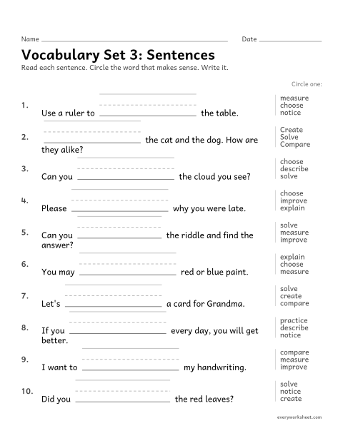 Preview of the printable “2nd grade vocabulary set 3: sentences” worksheet: choosing the set 3 vocabulary word that makes sense in a sentence