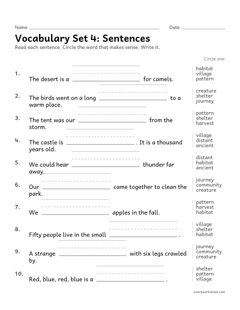 Preview of the printable “2nd grade vocabulary set 4: sentences” worksheet: choosing the set 4 vocabulary word that makes sense in a sentence