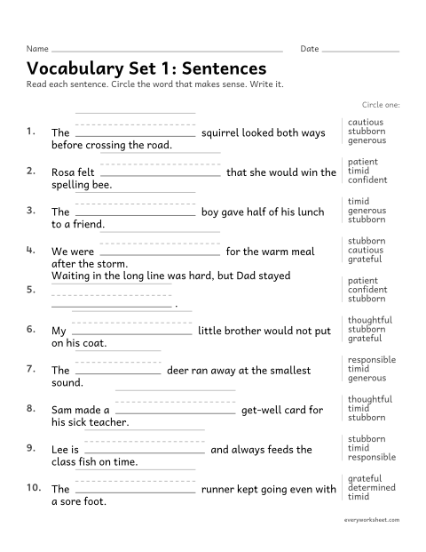 Preview of the printable “3rd grade vocabulary set 1: sentences” worksheet: choosing the set 1 vocabulary word that makes sense in a sentence