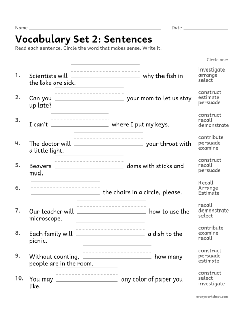 Preview of the printable “3rd grade vocabulary set 2: sentences” worksheet: choosing the set 2 vocabulary word that makes sense in a sentence