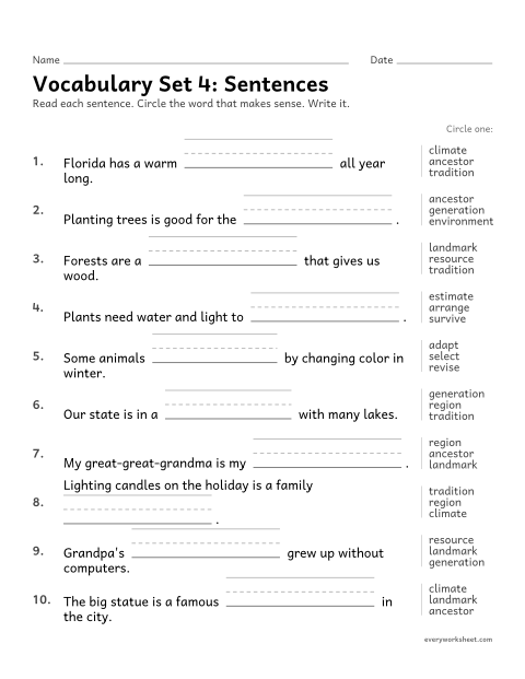 Preview of the printable “3rd grade vocabulary set 4: sentences” worksheet: choosing the set 4 vocabulary word that makes sense in a sentence