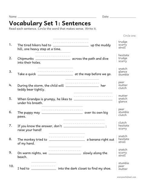 Preview of the printable “4th grade vocabulary set 1: sentences” worksheet: choosing the set 1 vocabulary word that makes sense in a sentence