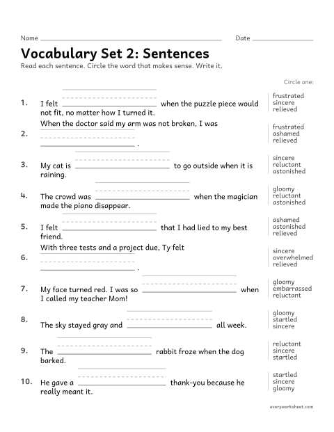 Preview of the printable “4th grade vocabulary set 2: sentences” worksheet: choosing the set 2 vocabulary word that makes sense in a sentence
