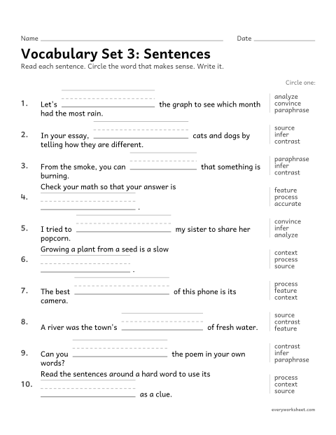 Preview of the printable “4th grade vocabulary set 3: sentences” worksheet: choosing the set 3 vocabulary word that makes sense in a sentence