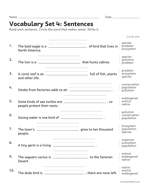 Preview of the printable “4th grade vocabulary set 4: sentences” worksheet: choosing the set 4 vocabulary word that makes sense in a sentence