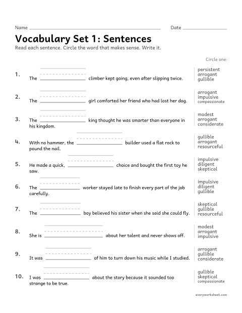 Preview of the printable “5th grade vocabulary set 1: sentences” worksheet: choosing the set 1 vocabulary word that makes sense in a sentence