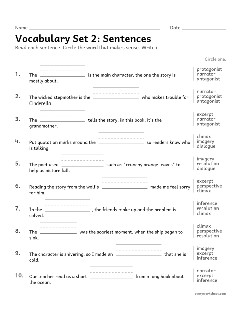 Preview of the printable “5th grade vocabulary set 2: sentences” worksheet: choosing the set 2 vocabulary word that makes sense in a sentence