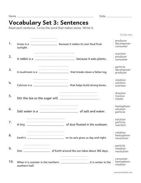 Preview of the printable “5th grade vocabulary set 3: sentences” worksheet: choosing the set 3 vocabulary word that makes sense in a sentence