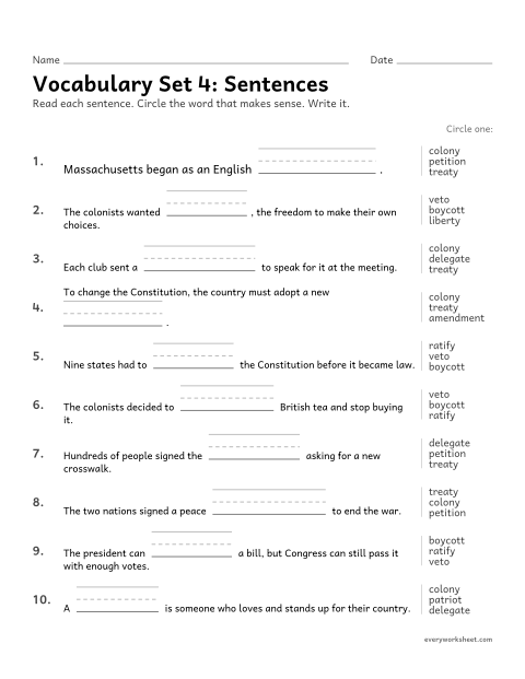 Preview of the printable “5th grade vocabulary set 4: sentences” worksheet: choosing the set 4 vocabulary word that makes sense in a sentence