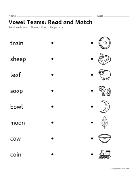 Preview of the printable “Vowel Teams: read and match” worksheet: reading vowel team words and matching them to pictures