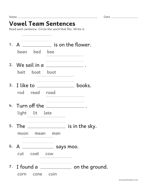Preview of the printable “Vowel team sentences” worksheet: choosing the vowel team word that fits a sentence