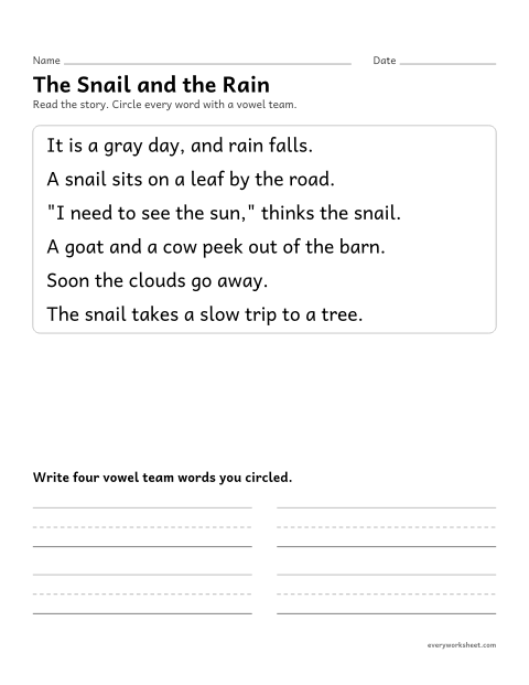 Preview of the printable “Vowel team Story: the snail and the rain” worksheet: finding vowel team words in a short story