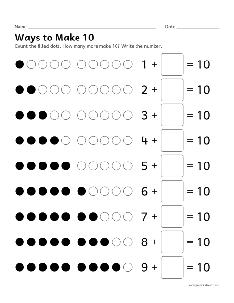 Preview of the printable “Ways to make 10” worksheet: finding how many more make 10 on a ten-dot strip