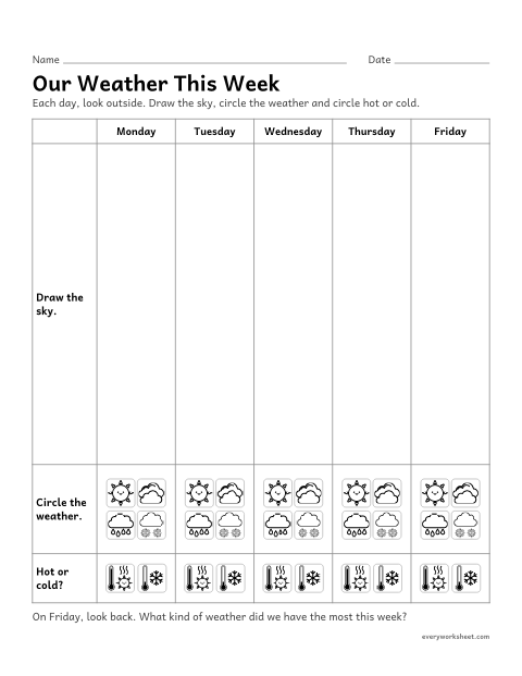 Preview of the printable “Weekly weather chart” worksheet: observing and recording weather and temperature each day for a week