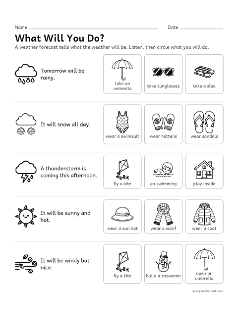 Preview of the printable “Weather Forecast: what will you Do?” worksheet: using a weather forecast to plan what to do