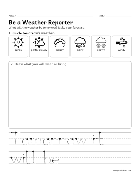 Preview of the printable “Weather Reporter: make a forecast” worksheet: making and sharing a simple weather forecast