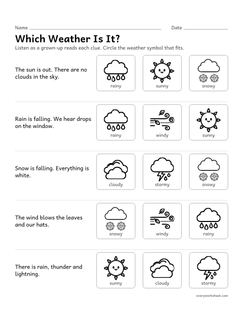Preview of the printable “Weather Symbols: circle the weather” worksheet: choosing the weather symbol that matches a description