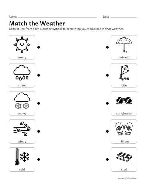 Preview of the printable “Weather symbols matching” worksheet: matching weather symbols to things we use in that weather