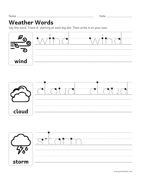 Preview of the printable “Weather words tracing 2: Wind, Cloud, storm” worksheet: tracing and writing weather words