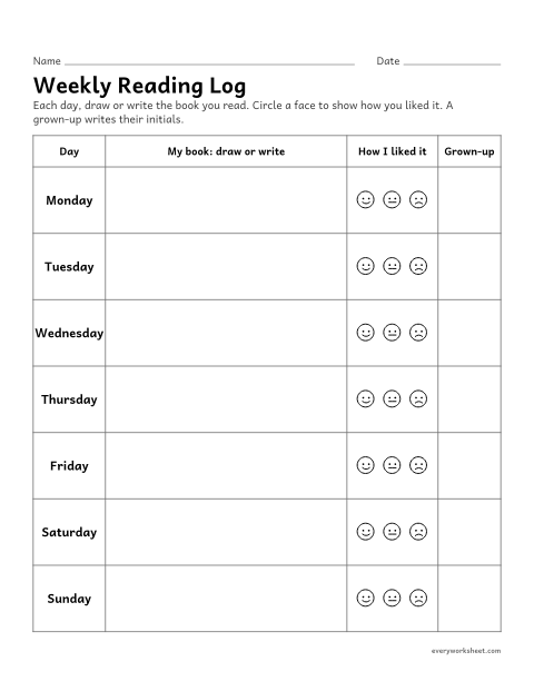 Preview of the printable “Weekly reading log” worksheet: keeping track of reading each day
