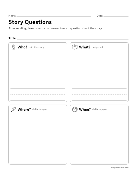 Preview of the printable “WH questions for any Book: Who, What, Where, when” worksheet: answering who, what, where and when questions about a story