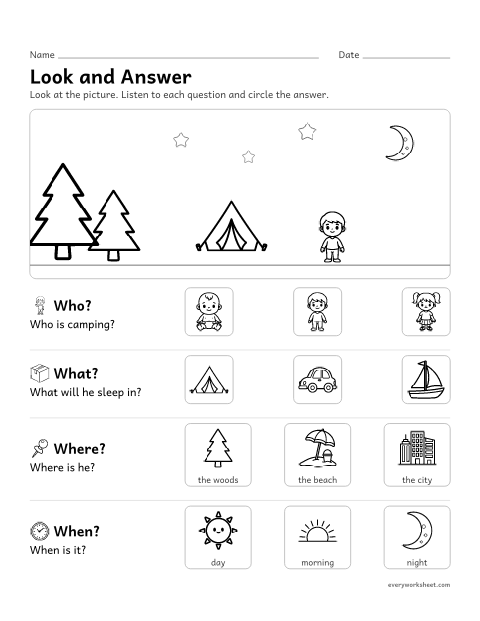 Preview of the printable “WH questions picture Scene: camping” worksheet: answering who, what, where and when questions about a picture