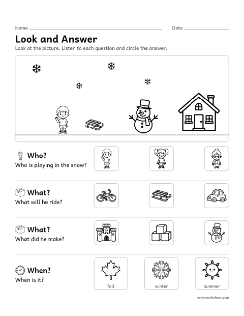 Preview of the printable “WH questions picture Scene: snow day” worksheet: answering who, what, where and when questions about a picture