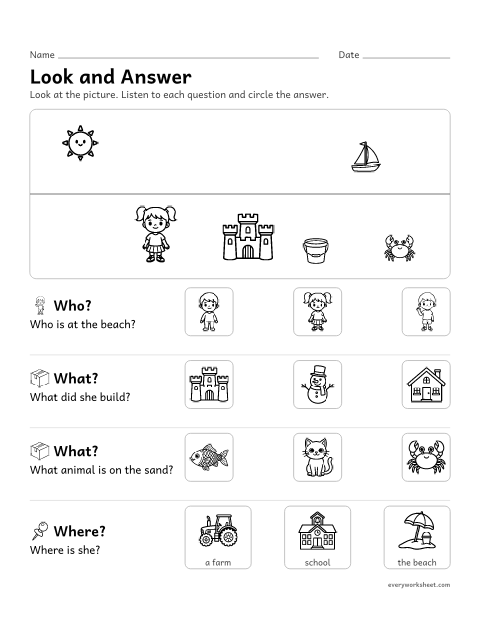 Preview of the printable “WH questions picture Scene: at the beach” worksheet: answering who, what, where and when questions about a picture