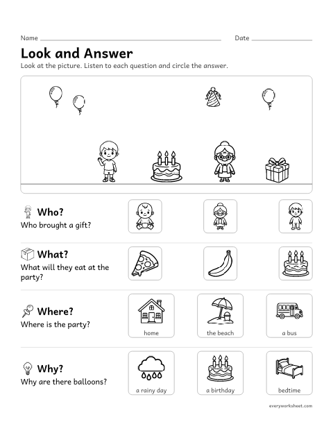 Preview of the printable “WH questions picture Scene: A party” worksheet: answering who, what, where and when questions about a picture