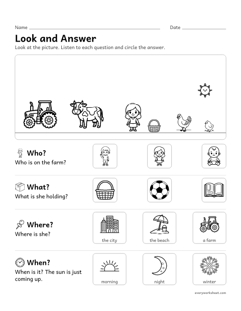 Preview of the printable “WH questions picture Scene: on the farm” worksheet: answering who, what, where and when questions about a picture
