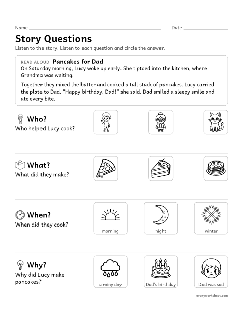 Preview of the printable “WH questions Story: pancakes for dad” worksheet: answering who, what, where, when and why questions about a read-aloud story