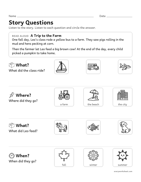 Preview of the printable “WH questions Story: A trip to the farm” worksheet: answering who, what, where, when and why questions about a read-aloud story