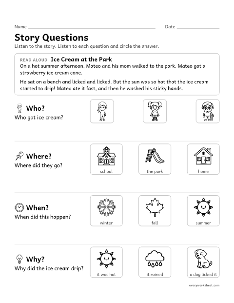 Preview of the printable “WH questions Story: ice cream at the park” worksheet: answering who, what, where, when and why questions about a read-aloud story