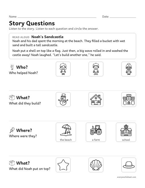 Preview of the printable “WH questions Story: Noah's sandcastle” worksheet: answering who, what, where, when and why questions about a read-aloud story