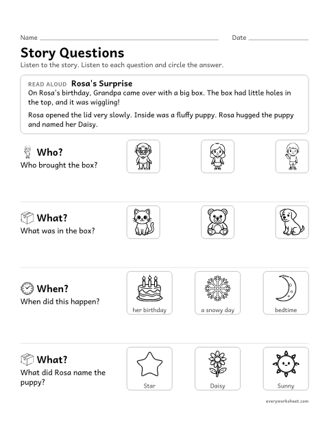 Preview of the printable “WH questions Story: Rosa's surprise” worksheet: answering who, what, where, when and why questions about a read-aloud story