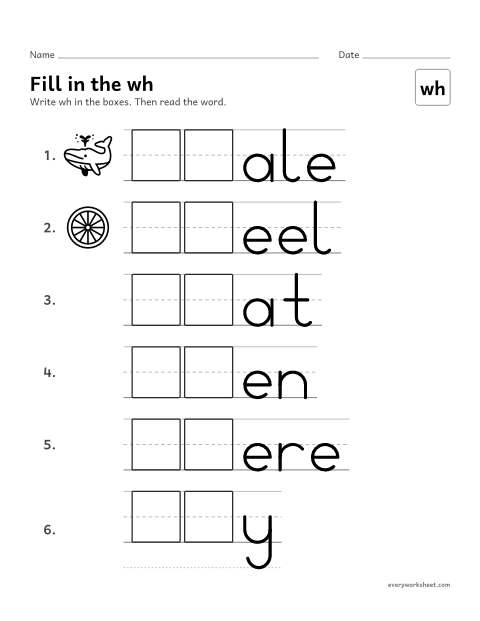 Preview of the printable “Fill in the wh” worksheet: writing the wh digraph in words