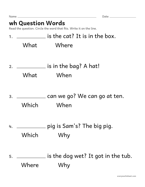 Preview of the printable “wh question words” worksheet: reading wh question words in sentences